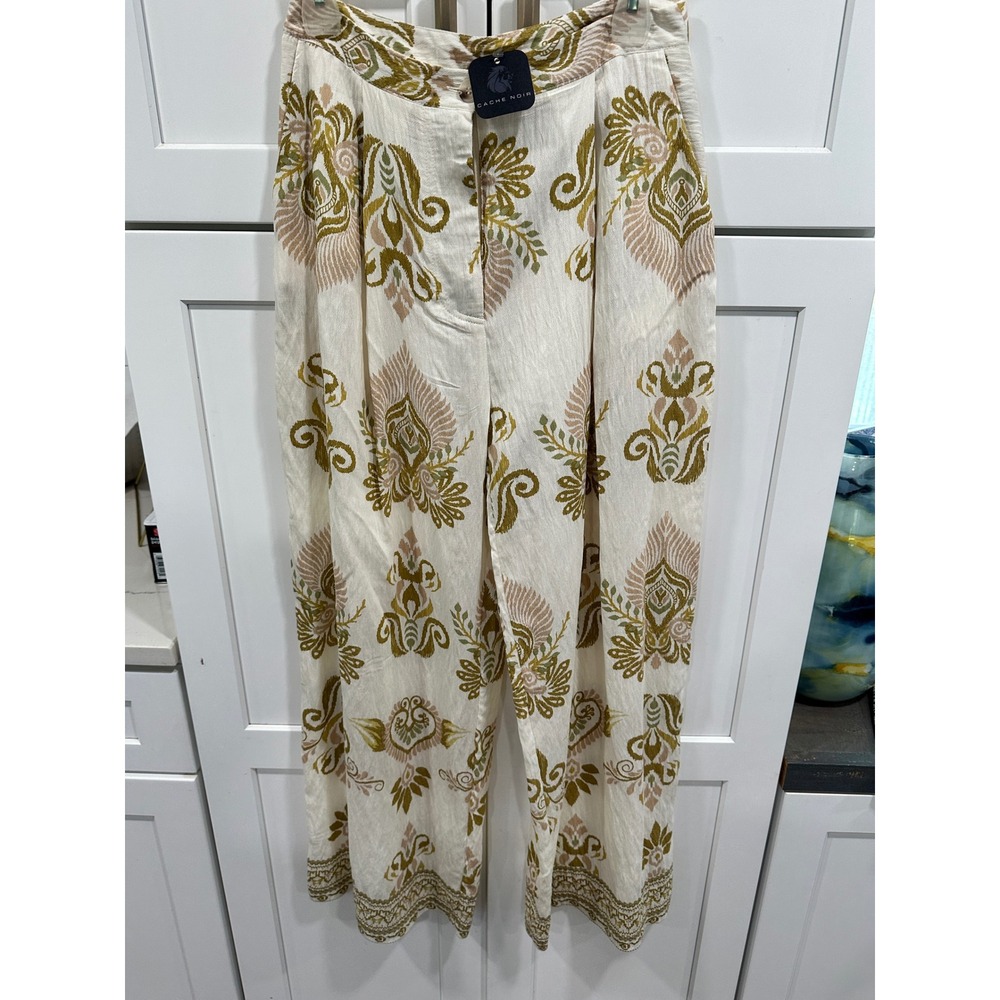 KLd Womens Wide Leg Pants Ivory Green Boho Damask Print New Size M
